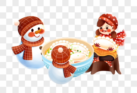 女孩与雪人吃饺子图片