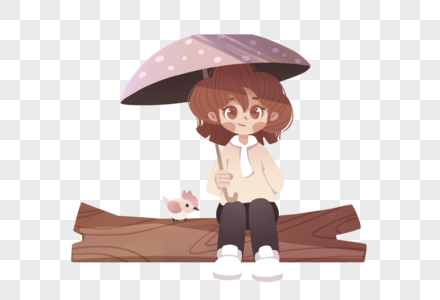 坐在木头上打伞的女孩图片