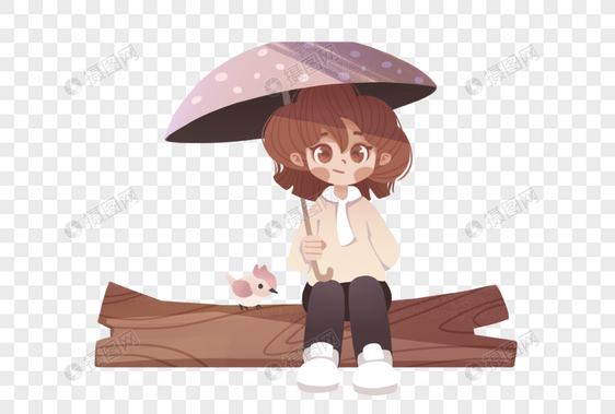 坐在木头上打伞的女孩图片