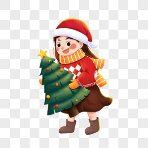 抱着圣诞树的女孩高清图片
