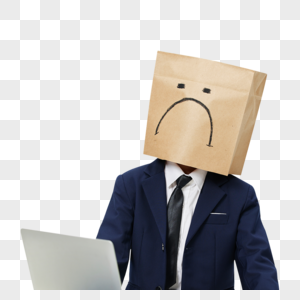 谦和绅士头戴不开心表情纸袋的小男孩素材