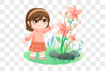 立春二十四节气粉色卡通可爱人物女孩和美丽的花朵鲜花花卉植物图片