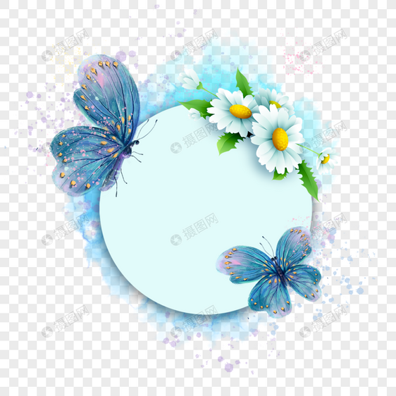 蓝色水彩春季蝴蝶花卉边框图片