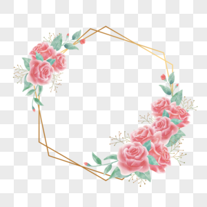 粉红色花朵六边形金色花卉边框图片