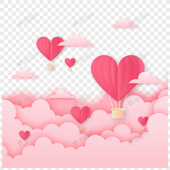 粉色云朵红色爱心剪纸热气球图片
