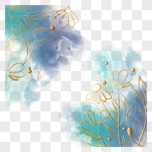 水彩晕染金线植物婚礼边框花卉装饰图片