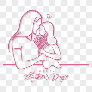 红色贴额母女和花束抽象线稿母亲节形象图片