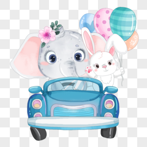 小象开着汽车带着小兔子卡通水彩画高清图片