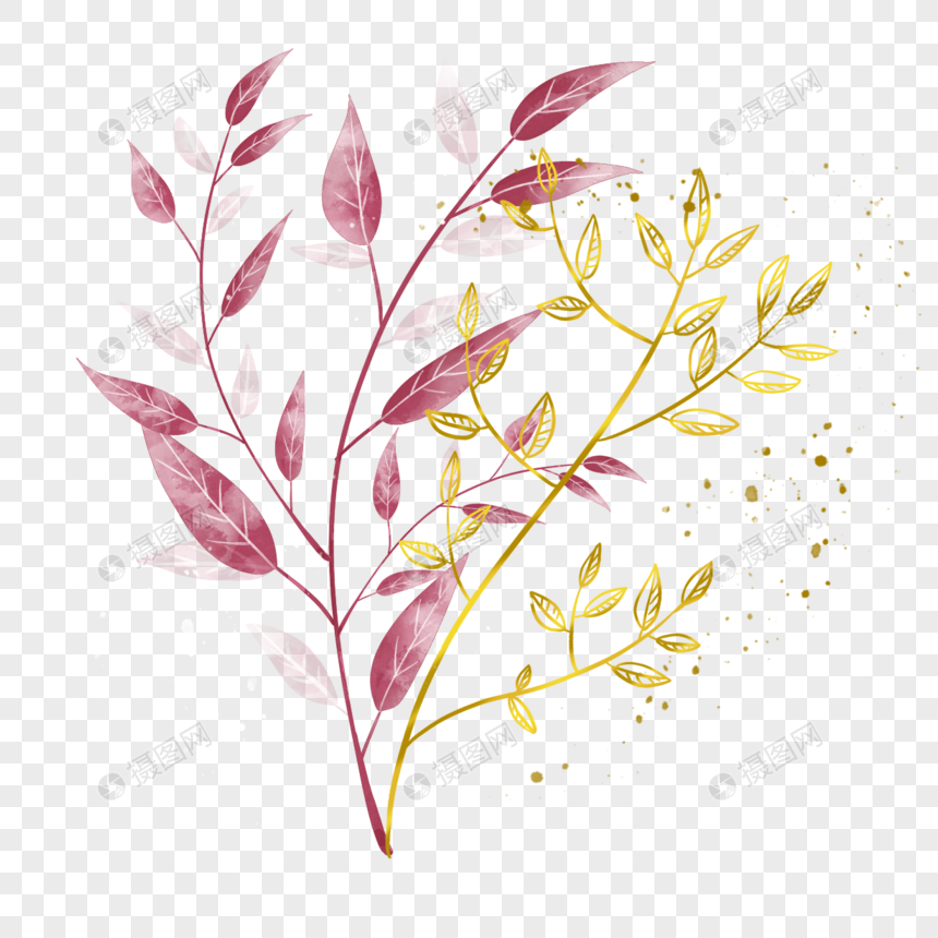 金枝树叶与玫红树叶婚礼花束图片