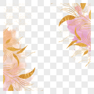 粉色水彩晕染金线植物婚礼边框图片