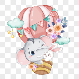 小象和小白兔在气球上卡通水彩画图片