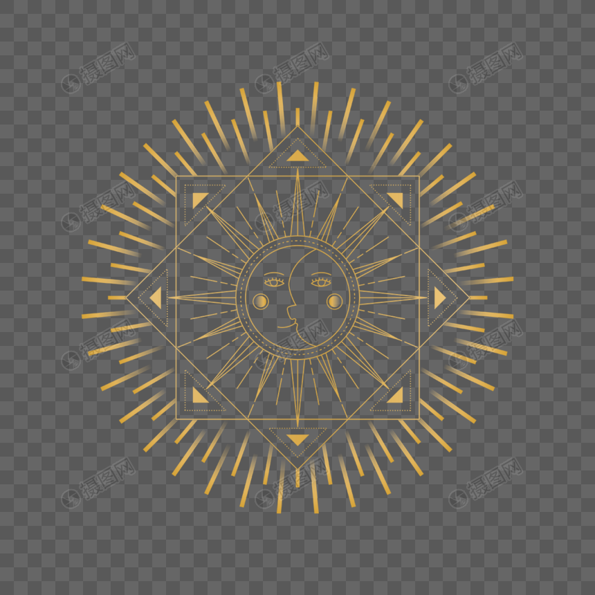 太阳月亮金色线条塔罗牌符号图片