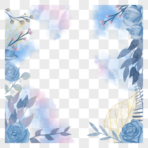 蓝玫瑰水彩晕染枝叶边框图片