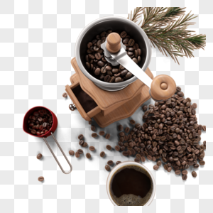 磨咖啡用具和散落的咖啡豆图片