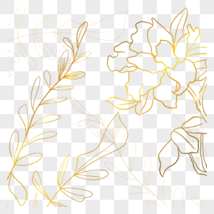 金色花朵和枝叶水彩金边花卉图片