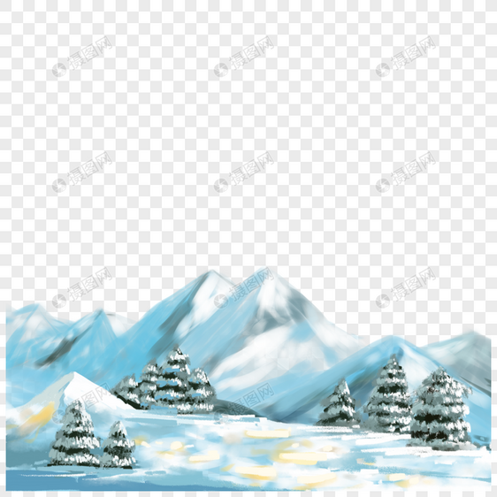 雪山松树圣诞节日水墨风景图片