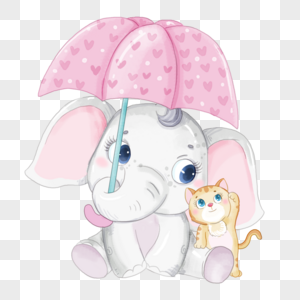 小象和小猫打着雨伞卡通水彩画图片