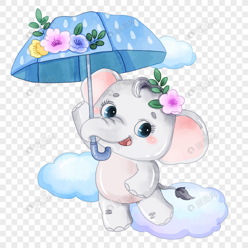 小象撑着雨伞在空中玩耍卡通水彩画图片
