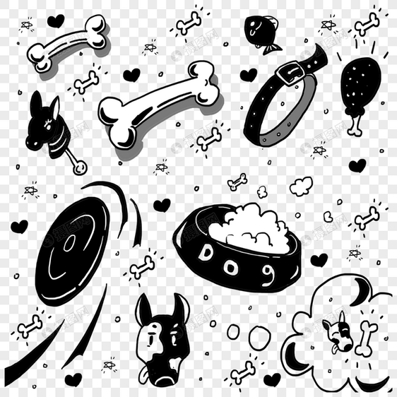 狗狗物品骨头项圈玩具黑白涂鸦图片
