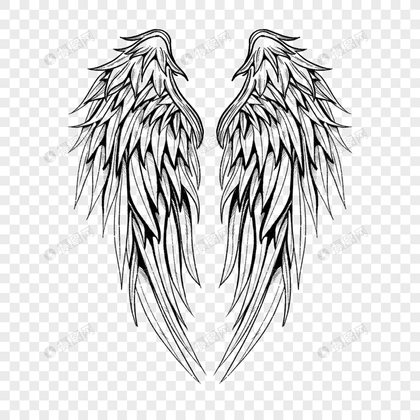 黑白素描线稿天使羽翼翅膀