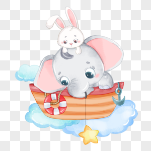 小象带着小兔子钓星星卡通水彩画图片