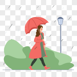 走在路灯下的女人雨中打伞插画图片
