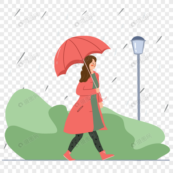 走在路灯下的女人雨中打伞插画图片