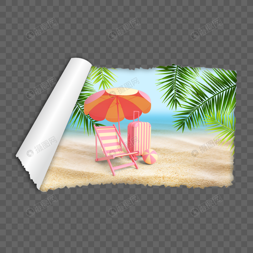 撕开白纸夏季海边沙滩椅子图片