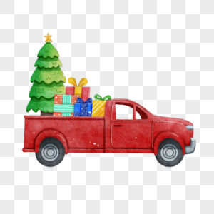 圣诞卡车和礼物堆水彩图片