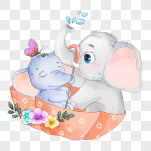 象妈妈和象宝宝玩雨伞卡通水彩画高清图片