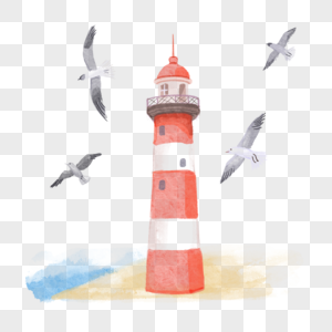 水彩灯塔与海鸥图片