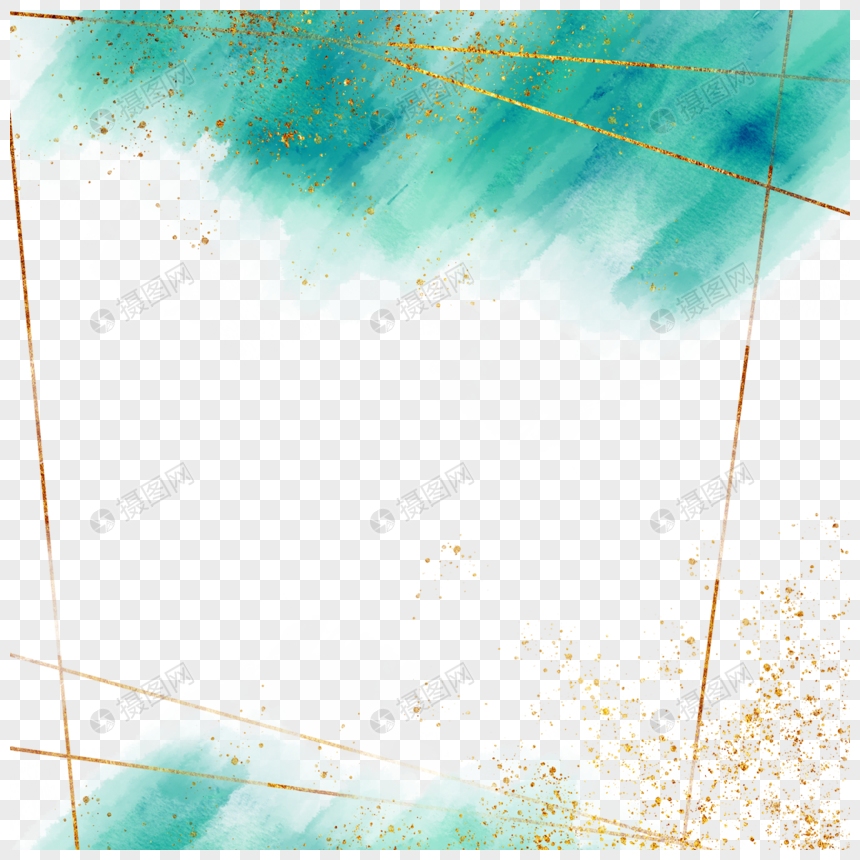 金色线条绿色水彩笔刷边框图片