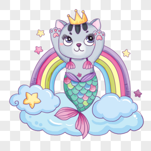 猫美人鱼彩虹云彩跳舞水彩画图片