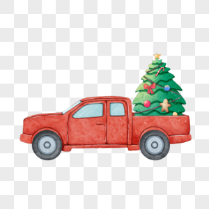 圣诞节红色卡车和圣诞树水彩图片