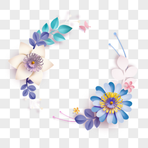 圆形质感蓝色剪纸花卉边框图片