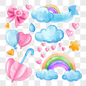 雨天云朵彩虹卡通水彩画图片