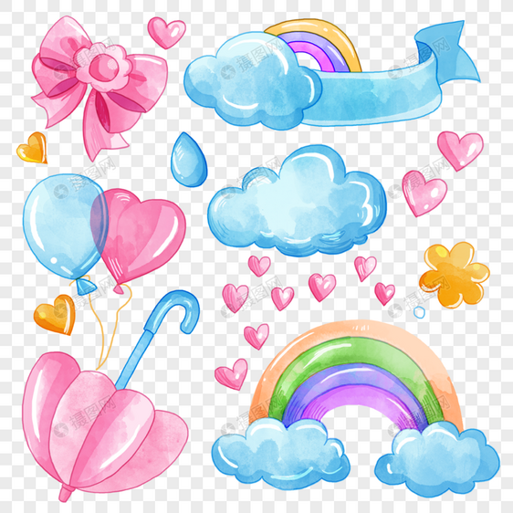 雨天云朵彩虹卡通水彩画图片