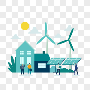 绿色房屋太阳能风车发电环保绿色能源概念插画高清图片