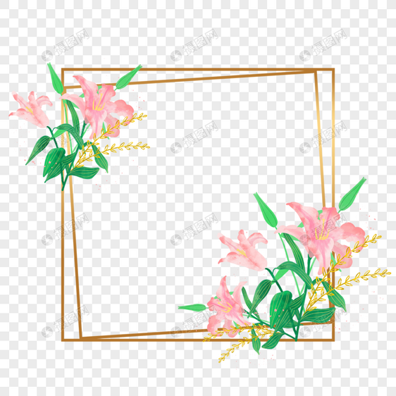 粉色百合花方框金色花卉边框图片
