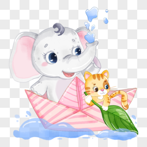 小象宝宝纸船玩水卡通水彩画图片
