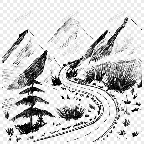 素描山地公路黑白图片