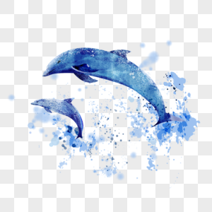 水彩两只蓝色跳跃海豚图片