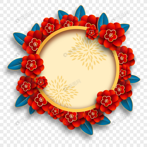 黄色春节红花装饰圆边框图片