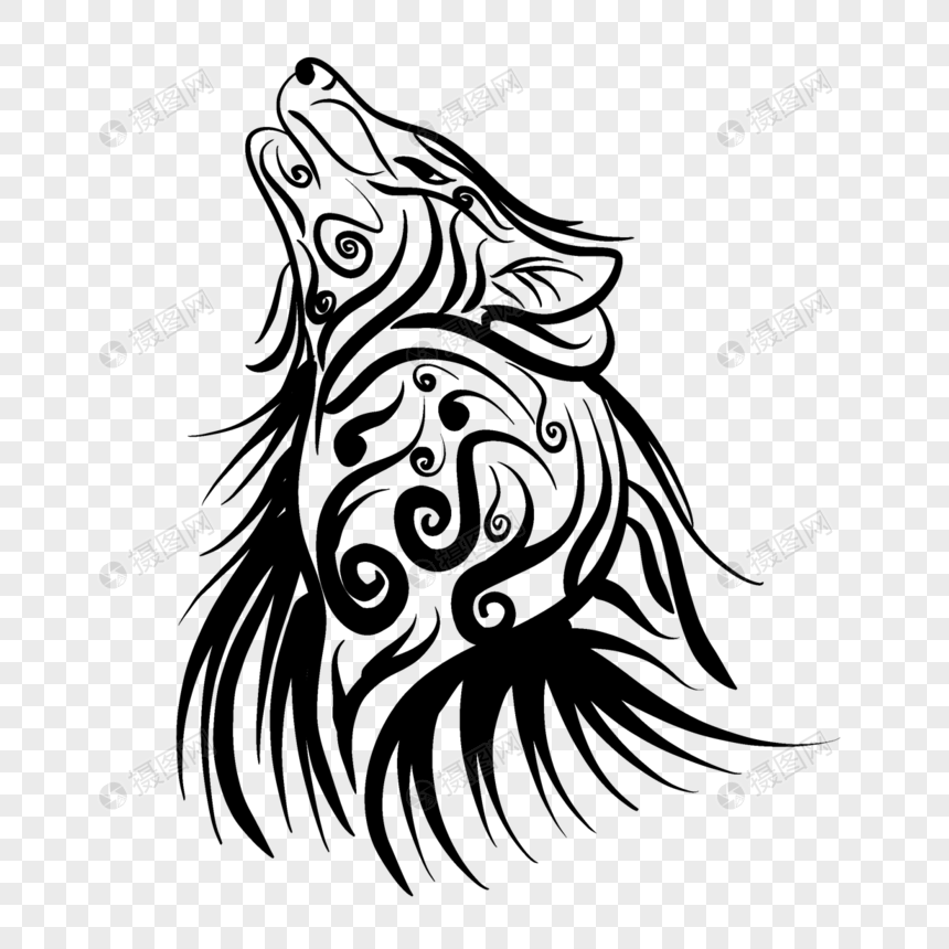 黑色螺旋花纹装饰艺术狼纹身图图片