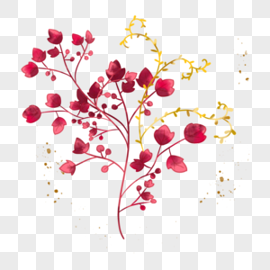 暗红色水彩晕染风格金箔装饰花卉植物图片