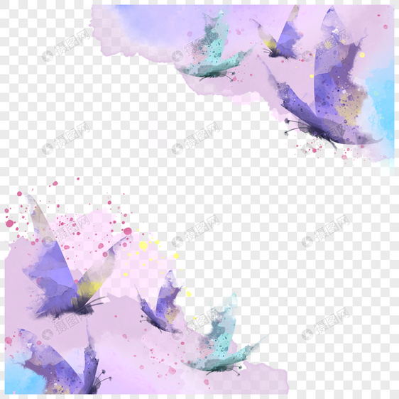 紫色水彩肌理蝴蝶飞舞边框图片