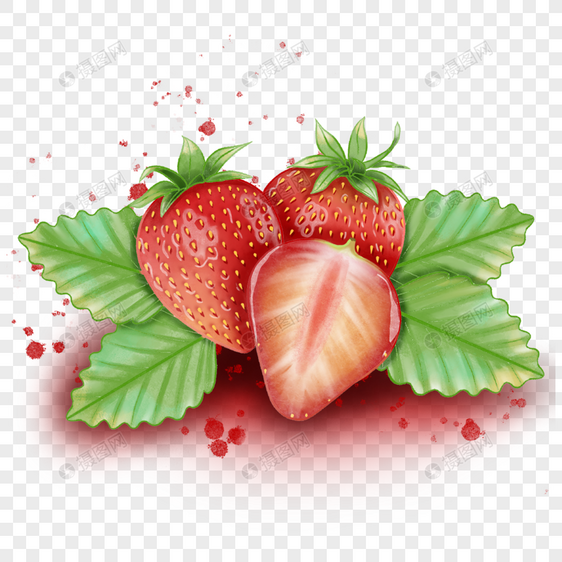三颗新鲜的水彩草莓切开图片