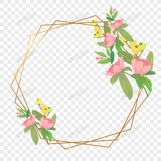 花朵花枝六边形金色花卉边框图片
