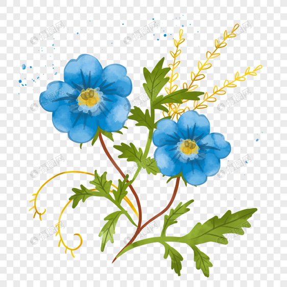 蓝色水彩晕染金箔叶子花卉植物图片