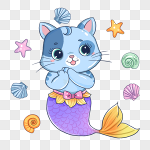 猫美人鱼海底玩耍水彩画图片